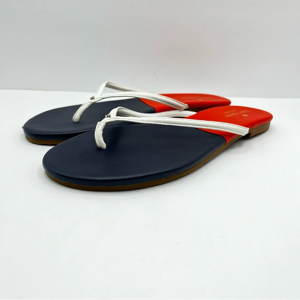 Kate Spade Women’s Size 9 Cabana Leather Orange/ Navy Blue Thong Sandals